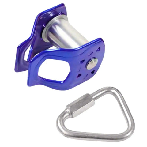 Heavy Duty Zip Line Pulley Kit With Quick Setup Trolley, blue pulley and steel ring, for outdoor playgrounds and backyard obstacle courses.