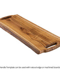 Wooden charcuterie board with handle template, showing natural edge, used for cutting boards and serving trays.