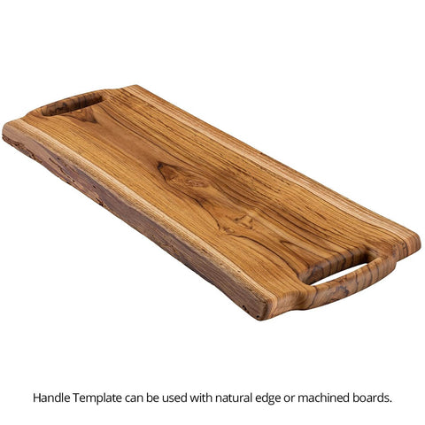 Wooden charcuterie board with handle template, showing natural edge, used for cutting boards and serving trays.