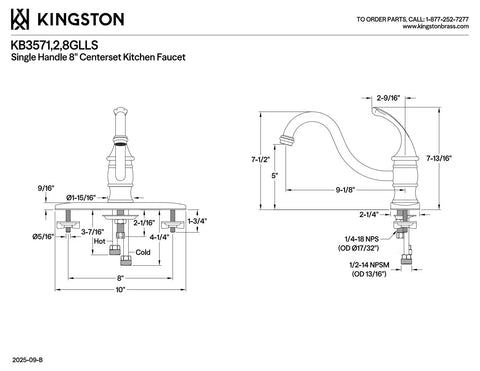 Technical drawing of Georgian Style 8-Inch Kitchen Faucet Without Sprayer in polished chrome with 360-degree swivel spout.