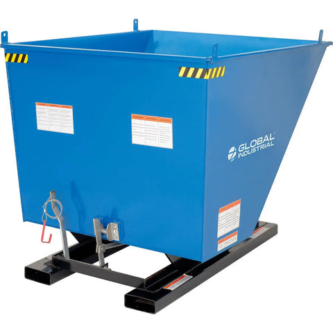 Heavy Duty Workhorse 3 Cubic Yard Self Dumping Forklift Hopper with Bump Release and 6000 lb Capacity viewed from side showing blue metal design.