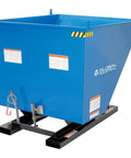 Super Top Notch Heavy Duty Steel Self Dumping Forklift Hopper With Straight Up Bump Release showing a robust blue steel design for waste disposal.