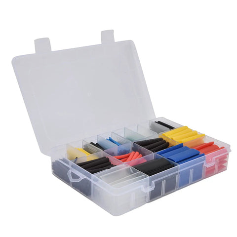 Colorful Heat Shrink Tubing Kit With 580 Pieces For Wire Insulation Protection And Leak Prevention, Fast Shrinking At 84C Temp, Durable Polyolefin Material With 2:1 Ratio To Keep Your Cables Snazzy And Secure. Clear organizer box with assorted heat shrink tubing