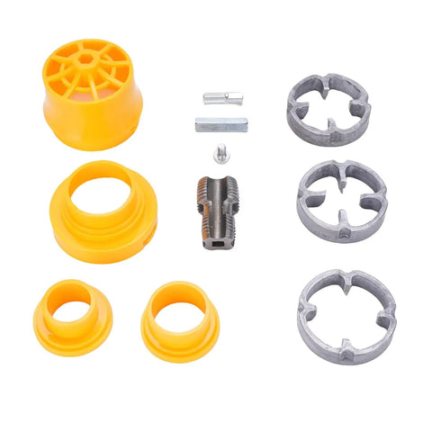 Electric Drill Pipe Threader For PVC, Reusable Die Kit includes yellow and gray dies and connectors for plumbing projects.
