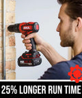 Man using PWR CORE 20 Brushless 20V Cordless Hammer Drill Kit With Two Ah Lithium Battery And PWR Jump Charger on brick wall