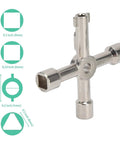 4 Way Sillcock Water Key And 4 End Utility Key Set Stainless Steel Faucet Valve Wrench Kit showing tool dimensions