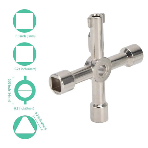 4 Way Sillcock Water Key And 4 End Utility Key Set Stainless Steel Faucet Valve Wrench Kit showing tool dimensions