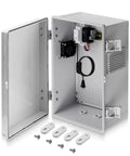 Open view of Outdoor Electrical Box With Built In Thermostat And Fan For Easy Temperature Control, Ventilated ABS Enclosure, Grey Cover