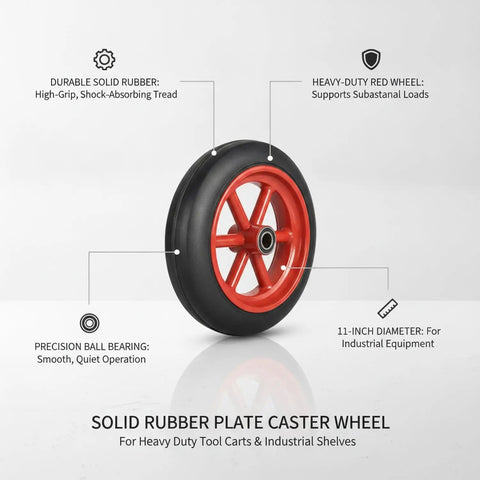 Heavy Duty Solid Rubber Plate Caster Wheel 11.02 Inch Diameter, rock-solid, for industrial tool carts and shelving units