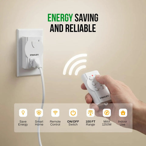 Hand holding remote for 3 Pack Wireless Remote Control Outlet System For Indoor Use with 3 Grounded Outlets and One Remote, 100ft Range, 125V 15A ETL Listed