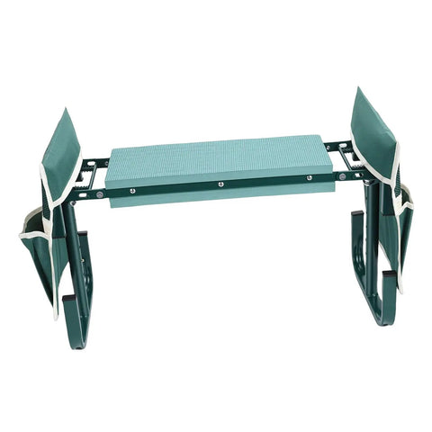 Garden Kneeler Seat Folding Kneeler Bench With Adjustable Height And 2 Tool Pouches For Gardening Camping And Picnics All In One Dual Purpose Kneeling Stool Green showing a side view of the green foldable design.