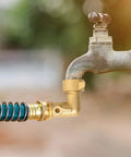 90 Degree Garden Hose Adapter With Shut Off Valves And Two Extra Washers, Solid Brass Three Quarter Inch Hose Elbow Connector installed on faucet
