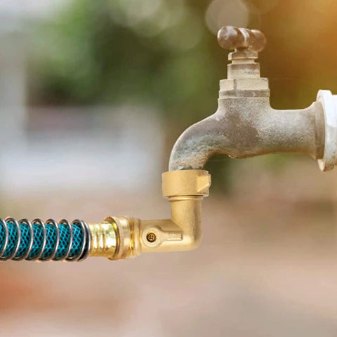 90 Degree Garden Hose Adapter With Shut Off Valves And Two Extra Washers, Solid Brass Three Quarter Inch Hose Elbow Connector installed on faucet