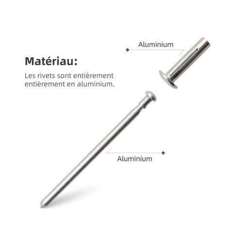 50 Pcs Tri Fold Aluminum Blind Rivets Set Tri Grip Exploding Bulb Style Pop Rivets For Auto Body And Soft Or Plastic Materials All Black Three Sixteenth Inch By Forty Five Sixty Fourth Inch Large Head Five Eighth Inch shown with aluminum material label.