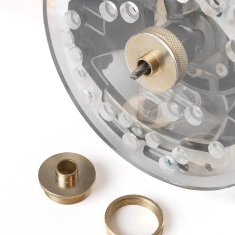 Heavy Duty Brass Router Template Bushings With Precision Bearing Kit And Inlay Guide Set showing brass bushings and router bit for woodworking.