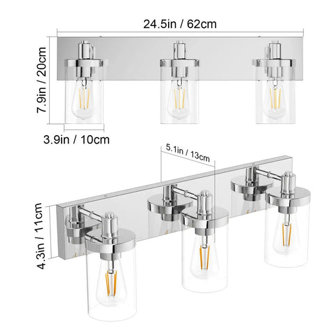 Dimensions and details of Chrome Farmhouse Vanity Light 3 Light Fixture Over Mirror With Clear Glass Shades for Bathroom 24.5 Inch Long