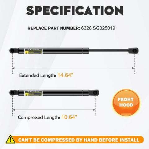 Specification detail of Hood Lift Supports Pair For 2003 2007 Nissan Murano Gas Struts Shocks 6328 SG325019 with length measurements