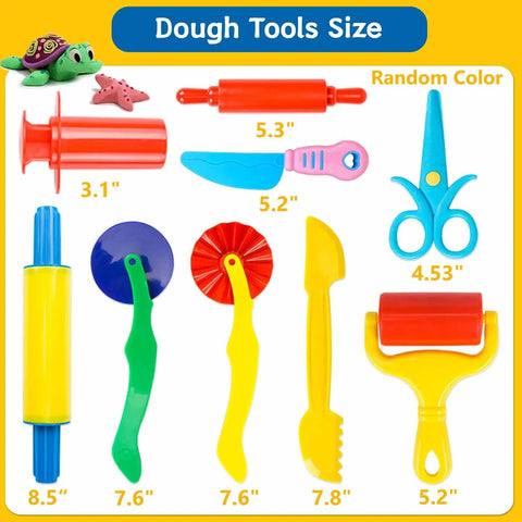 9-Piece Dough And Clay Tools Starter Set for Kids with rollers, pizza cutter, scissors, including sizes and colors displayed.