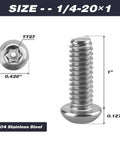 Built Like A Tank 304 Stainless Steel Torx Security Machine Screws 1/4-20 By 1 Inch showing dimensions and button head detail.