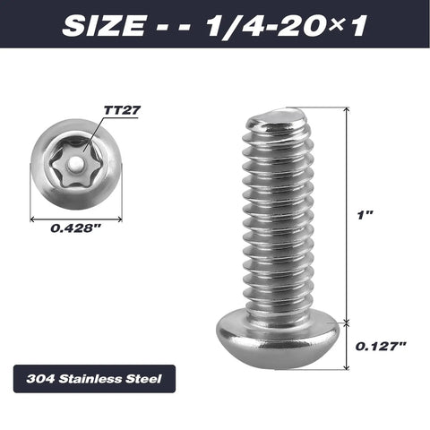 Built Like A Tank 304 Stainless Steel Torx Security Machine Screws 1/4-20 By 1 Inch showing dimensions and button head detail.