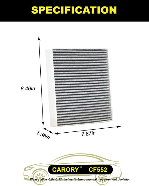 Specifications of Activated Carbon Cabin Air Filter for Nissan Rogue 2021-2025, dimensions labeled, side view