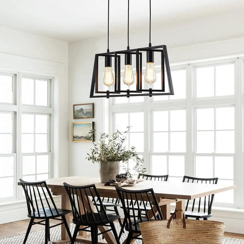 Modern Industrial 3-Light Pendant Light Fixture With Adjustable Height, Matte Black Cage Over Table Dining Room Kitchen Island, Open Rectangular Frame, Dope Living Room Foyer Lighting