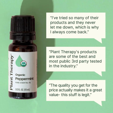 Cool Mint Peppermint Essential Oil 10 mL bottle with USDA Organic label, customer testimonials in background.