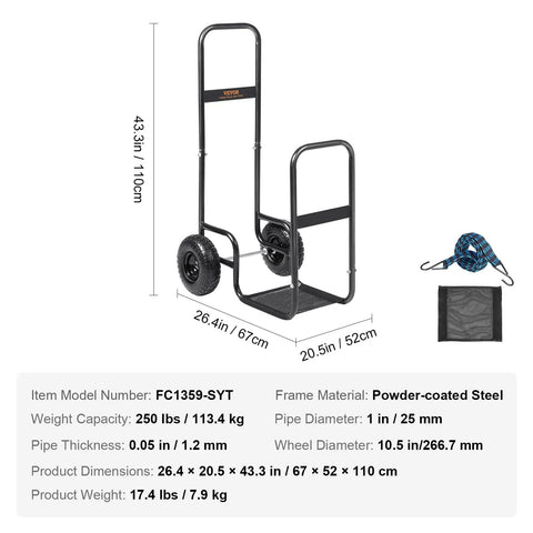 Heavy Duty Log Cart Built Tough For Firewood Up To 250 Lbs With Pneumatic Wheels And Elevated Guardrails Indoor Outdoor Wood Rack Carrier Steel Dolly Hauler For Fireplace Or Fire Pit Rust Resistant Black Finish with dimensions and features highlighted.