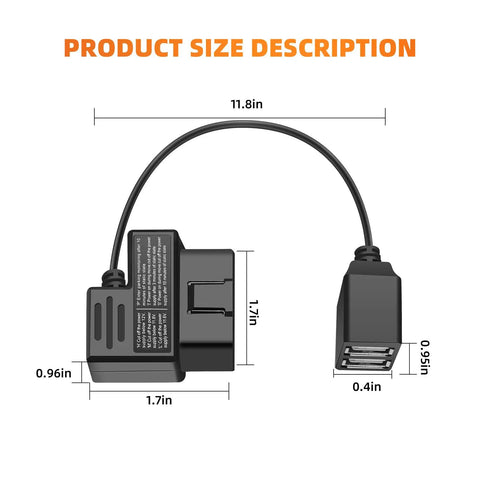Dimensions and design of Dash Cam Constant Power Cable With OBD II Adapter, dual USB ports, and adjustable battery shut off.