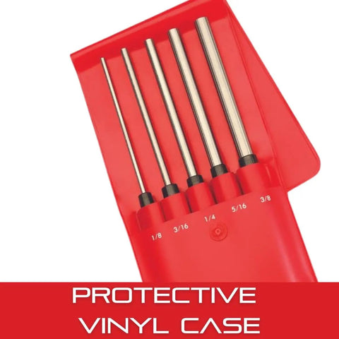 Extra Long Drive Pin Punch Set With Knurled Grip And Protective Vinyl Case 8 Inch Length 1/8 3/16 1/4 5/16 3/8 Inch Diameters