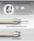 Three Piece Pipe Threading Tool Kit with 1/2, 3/4, 1 Inch Alloy Steel Dies for PVC Pipes and Drill Use, internal/external threading set.
