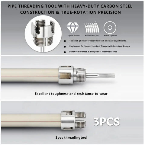 Three Piece Pipe Threading Tool Kit with 1/2, 3/4, 1 Inch Alloy Steel Dies for PVC Pipes and Drill Use, internal/external threading set.