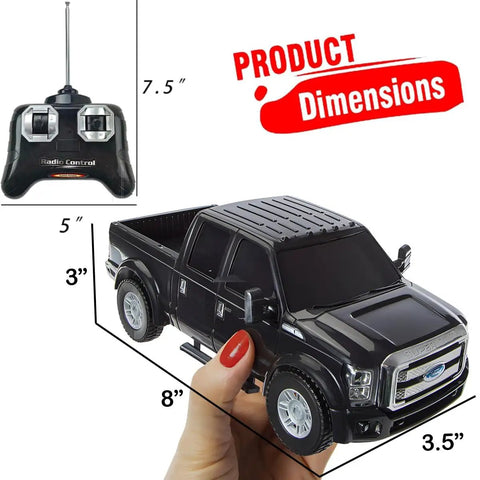 Ford F-350 Super Duty RC Truck Officially Licensed Full Function Remote Control Vehicle 1 28 Scale Black in hand with dimensions