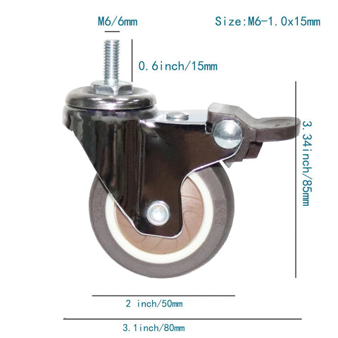 Stem Casters With 360 Degree Swivel TPR Wheels For Carts Furniture Dolly And Workbenches, Metric Threads M6 1.0x15mm, 2-inch brake wheel