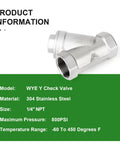 Angled view of a 1/4 in NPT WYE Y check valve made of 304 stainless steel.
