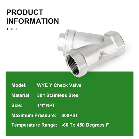 Angled view of a 1/4 in NPT WYE Y check valve made of 304 stainless steel.