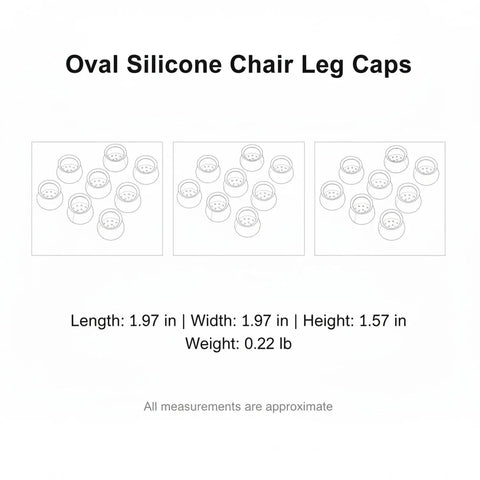 Illustration of Oval Silicone Chair Leg Caps For Irregular Furniture Legs, multiple views with size details