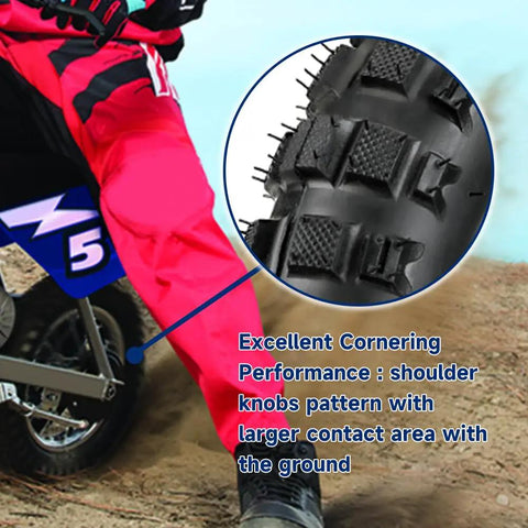 Rear Wheel Assembly For Razor MX500 MX650 SX500 Mini Dirt Rocket Bike with 2.50-10 Tires showing tread pattern on dirt.