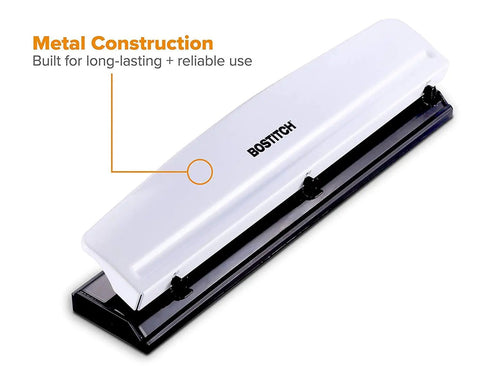 Workhorse 3 Hole Punch For Office Use, 12 Sheet Capacity, Solid Metal Construction, Rubber Base For Desk Protection, White Finish