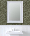 Real Dope Cottage Botanical Wallpaper With Matte Linen Texture And Pvc Free Mix in a bathroom setting with white sink and mirror.