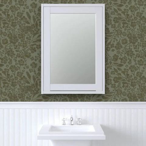 Real Dope Cottage Botanical Wallpaper With Matte Linen Texture And Pvc Free Mix in a bathroom setting with white sink and mirror.