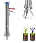 Semi Automatic Long Handled Garden Planter Tool For Seedlings And Bulbs showing metal body, handle, and seedling samples