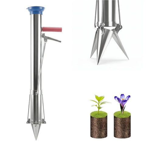 Semi Automatic Long Handled Garden Planter Tool For Seedlings And Bulbs showing metal body, handle, and seedling samples