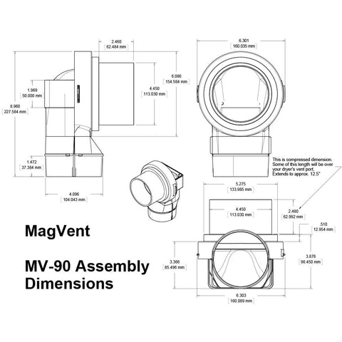 Technical drawing of Magnetic Dryer Vent Coupling for 90 Degree Vents with dimensions labeled, showing assembly details.