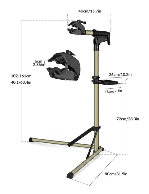 Heavy Duty Bike Repair Stand For Mountain And Road Bikes, Stable 80 Lbs Capacity, dimensions labeling