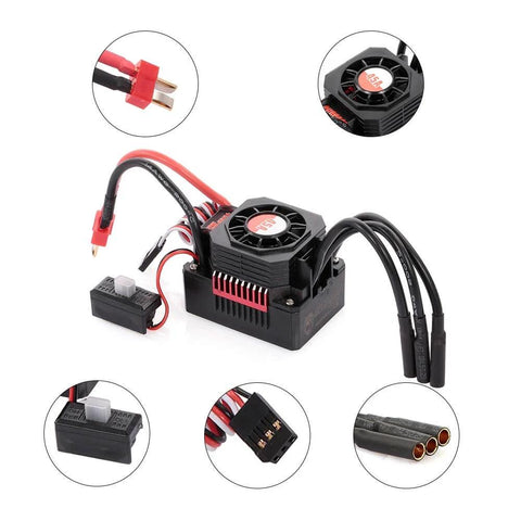 Waterproof 4370KV Brushless RC Car Motor With 45A ESC for 1/10 scale RC cars, includes wires, connectors, and cooling fan details.