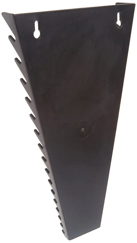 Side view of black 16 Slot Wrench Tray Organizer for Tool Storage in Toolbox or Wall or Pegboard, durable plastic design.
