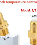 Brass 3/8 in NPT temperature control valve for pressure washer pump, side and front views.