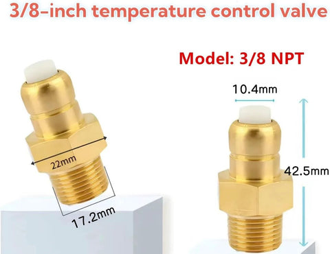 Brass 3/8 in NPT temperature control valve for pressure washer pump, side and front views.