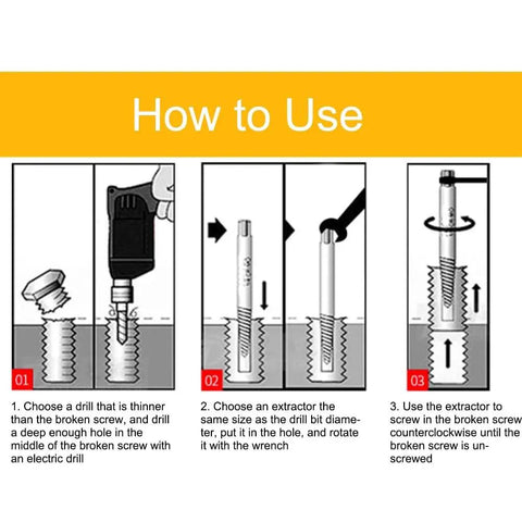 How to Use Heavy Duty 5 Piece Damaged Screw Extractor Set Made From Carbon Steel Perfect Left Hand Thread Remover Kit For Stripped Bolts And Broken Screws Easy Repair Tool To Get You Out Of A Jam showing 3-step removal guide